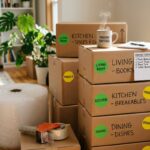 ארגזי קרטון ארוזים ומסומנים למעבר דירה עם גליל פצפצים, סרט הדבקה ורשימת מטלות בסלון מואר.